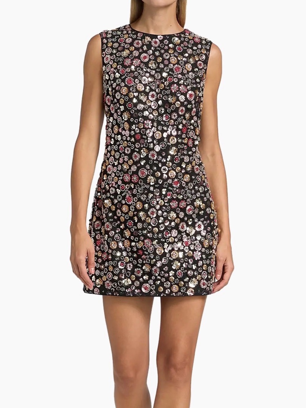 Milly Black Shift Dress with Gold and Pink Sequin Floral Motif